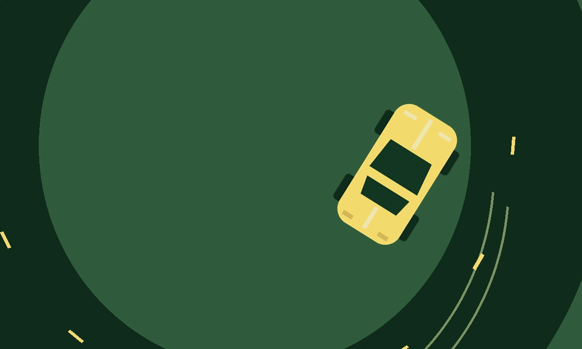 Eblandrift conceptual artwork: a gold car taking a green bend.