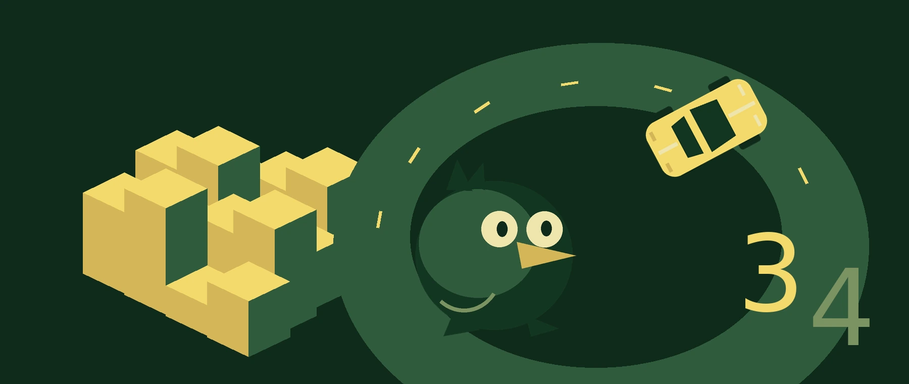 An illustrated PahLabs universe: an impossible block, a racing car, a round bird, and the numbers 3 and 4.